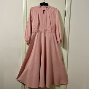 Shein Champagne Pink Bishop Sleeve Flared Hem Maxi Dress w/Keyhole Neckline